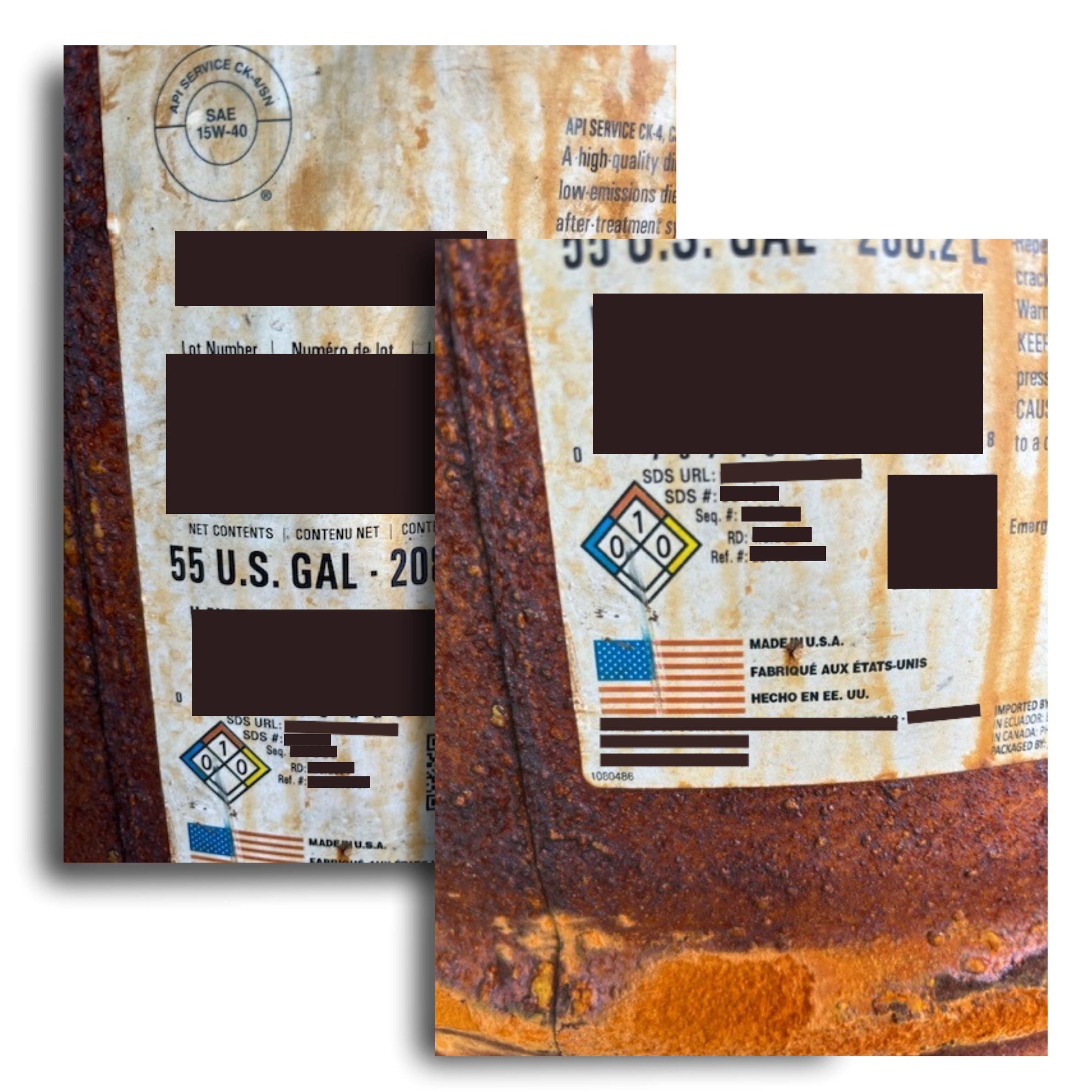 Two close-ups of a rusted 55-gallon metal drum with peeling labels showing hazmat symbols, US flags, and mostly redacted text.