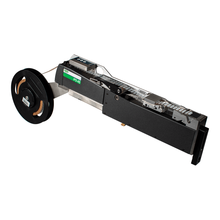 Black and silver component feeder with tape reel, supplies parts to pick-and-place machines in electronics manufacturing.