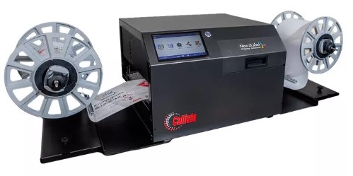 Digital label printer with dual side reels for feeding and collecting labels, front display screen, and control buttons.