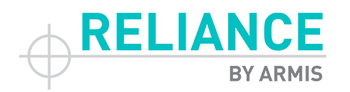 Logo featuring RELIANCE in large turquoise letters, a thin gray line with a circular crosshair on the left, BY Armis below in gray.
