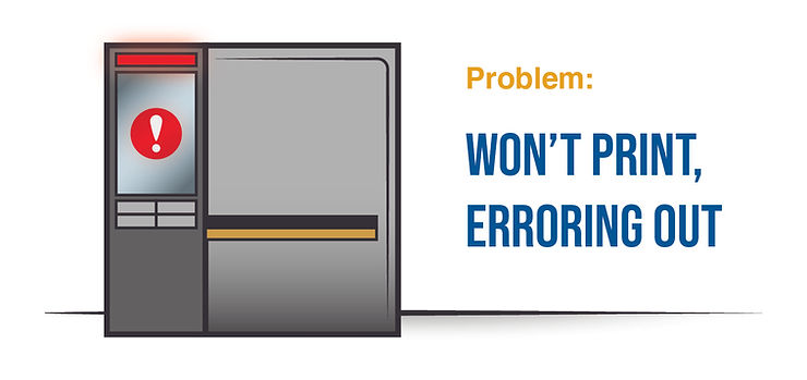 Printer showing red exclamation mark error on screen with text: Problem: Won’t print, erroring out.
