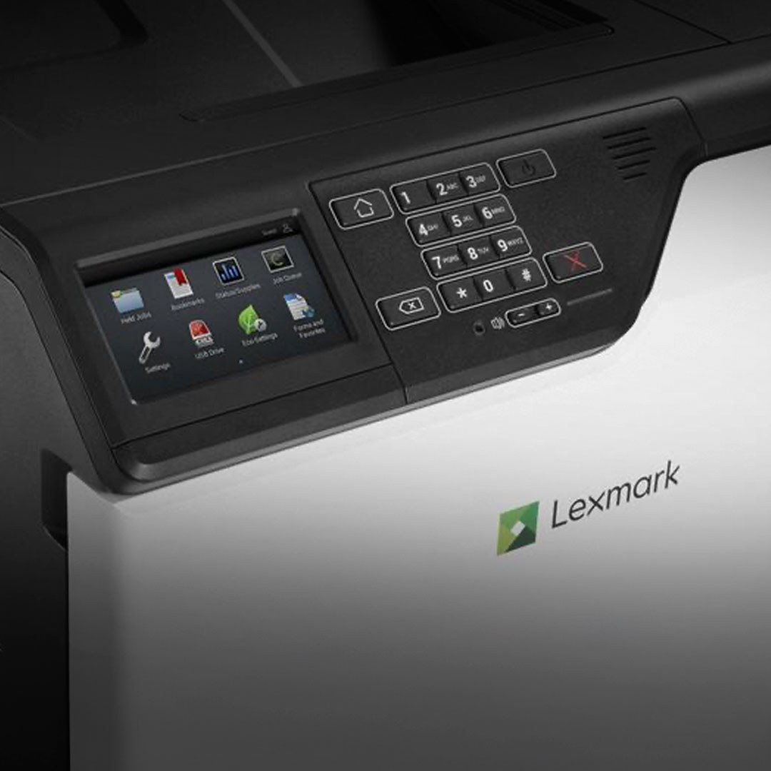 Lexmark printer control panel with color touchscreen, icons, numeric keypad, function buttons, and Lexmark logo on the front.