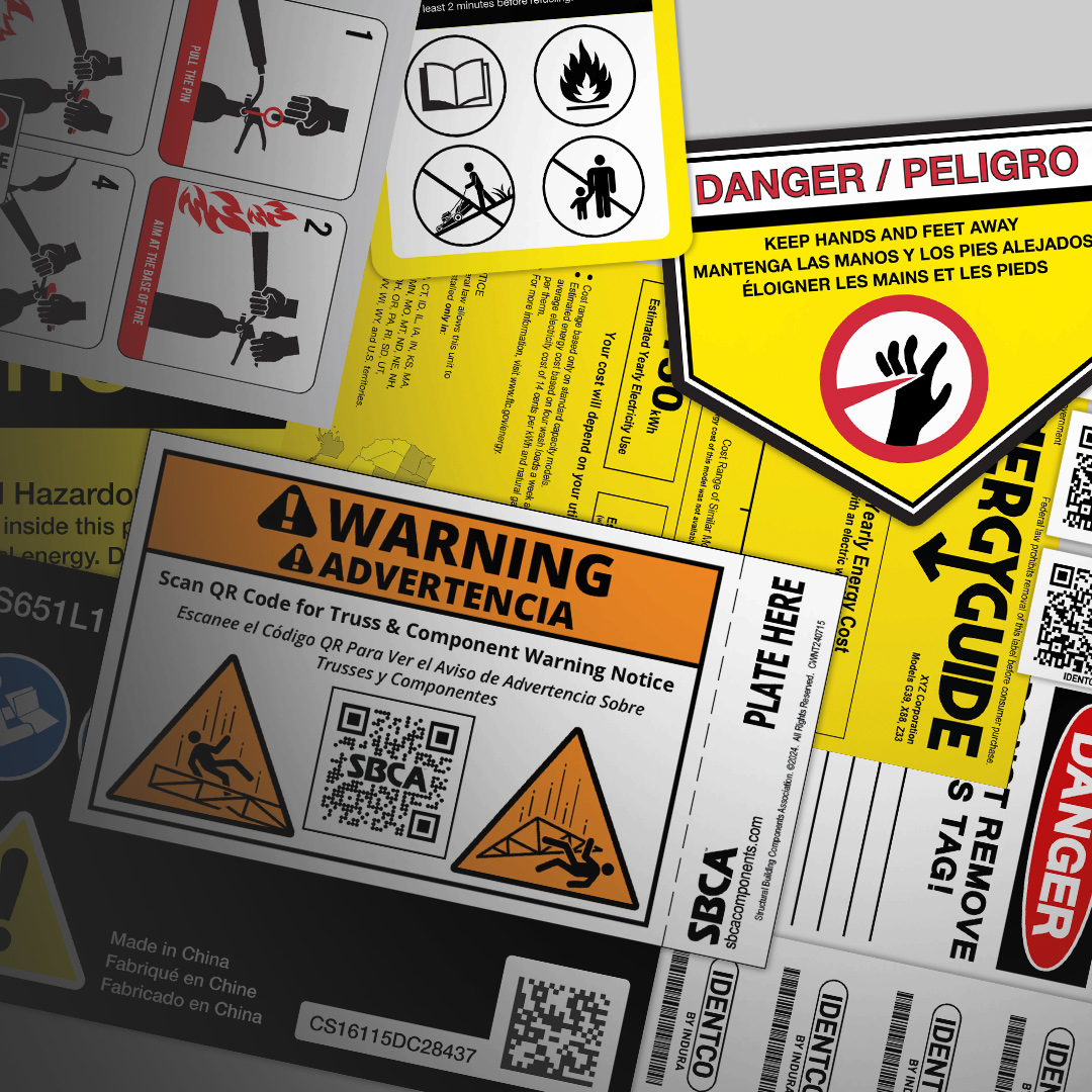 Collage of safety and warning labels with multilingual keep hands and feet away signs, QR codes, hazard symbols, and caution icons.