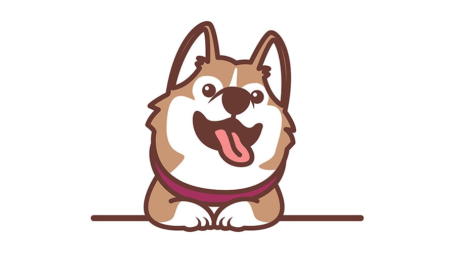 Cartoon happy dog with pointy ears and tongue out, resting front paws on a surface, wearing a purple collar.
