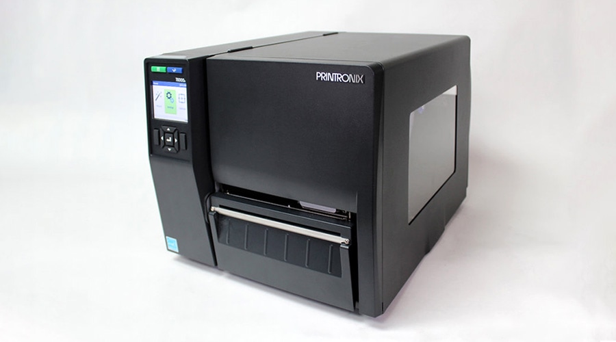 Black Printronix industrial label printer featuring a left-side touchscreen display on a white background.