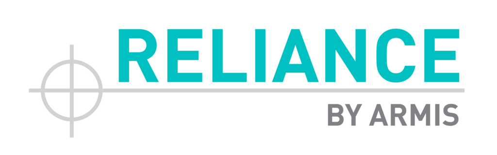 Reliance logo in bold teal beside a light grey target symbol, with By Armis in small grey text under a horizontal line.