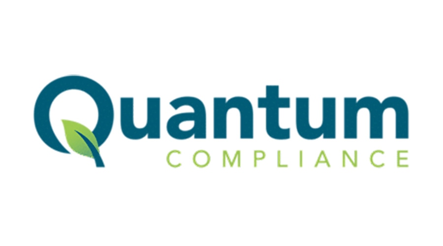 Quantum Compliance logo with bold blue Quantum text, green leaf in the Q, and light green uppercase Compliance below.