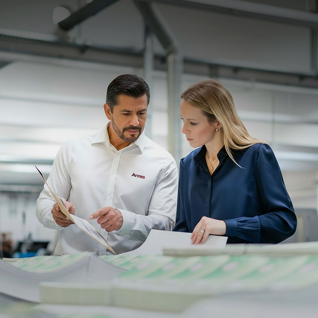 Man in white shirt and woman in navy blouse review printed sheets together in a brightly lit, modern office setting.