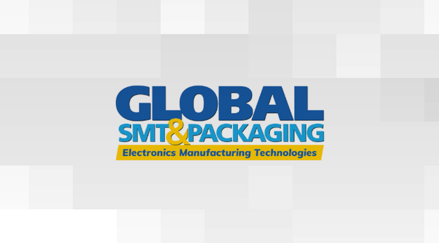 Global SMT & Packaging logo with Electronics Manufacturing Technologies tagline on a light gray geometric rectangular background.