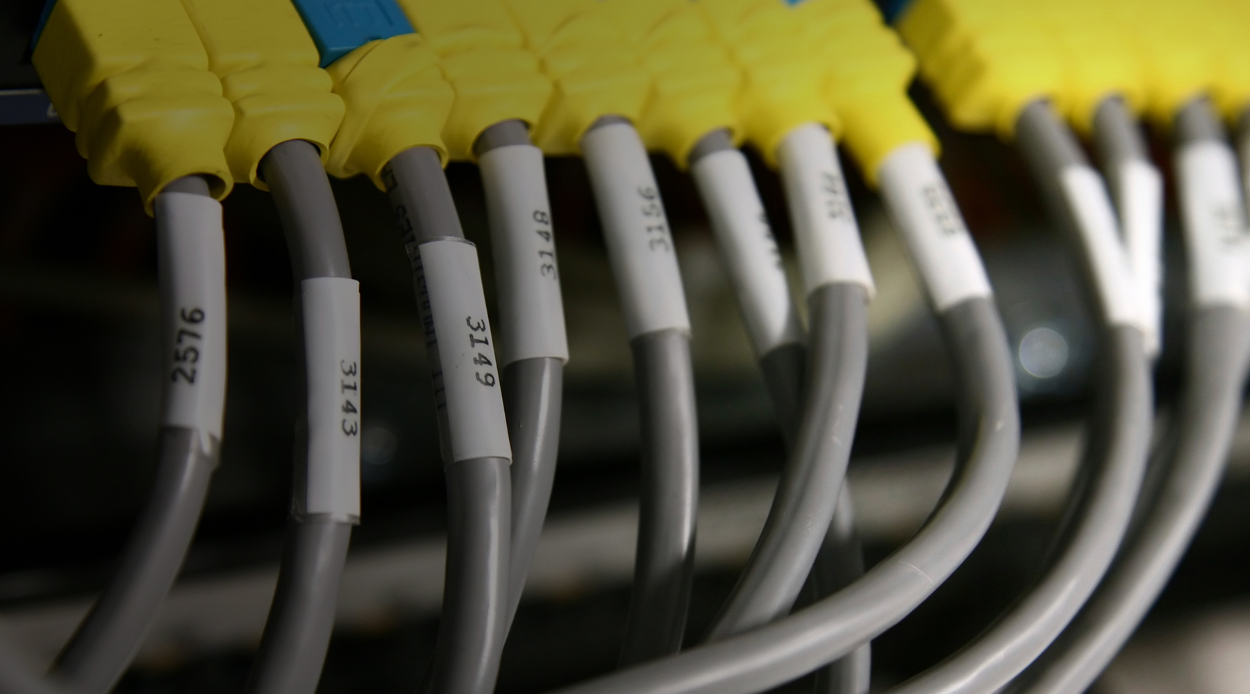 Gray network cables with yellow connectors and numbered white labels plugged into a device, highlighting data connectivity and organization.