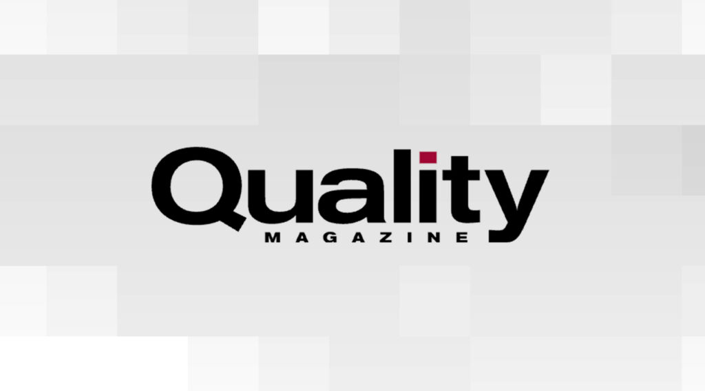 Quality Magazine logo with bold black Quality, red dot over the i, MAGAZINE in smaller black letters on gray geometric background.