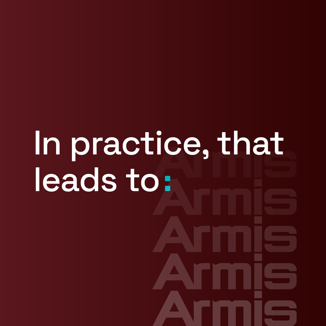 White text says In practice, that leads to on a dark red gradient; Armis repeats vertically in light red along the right edge.