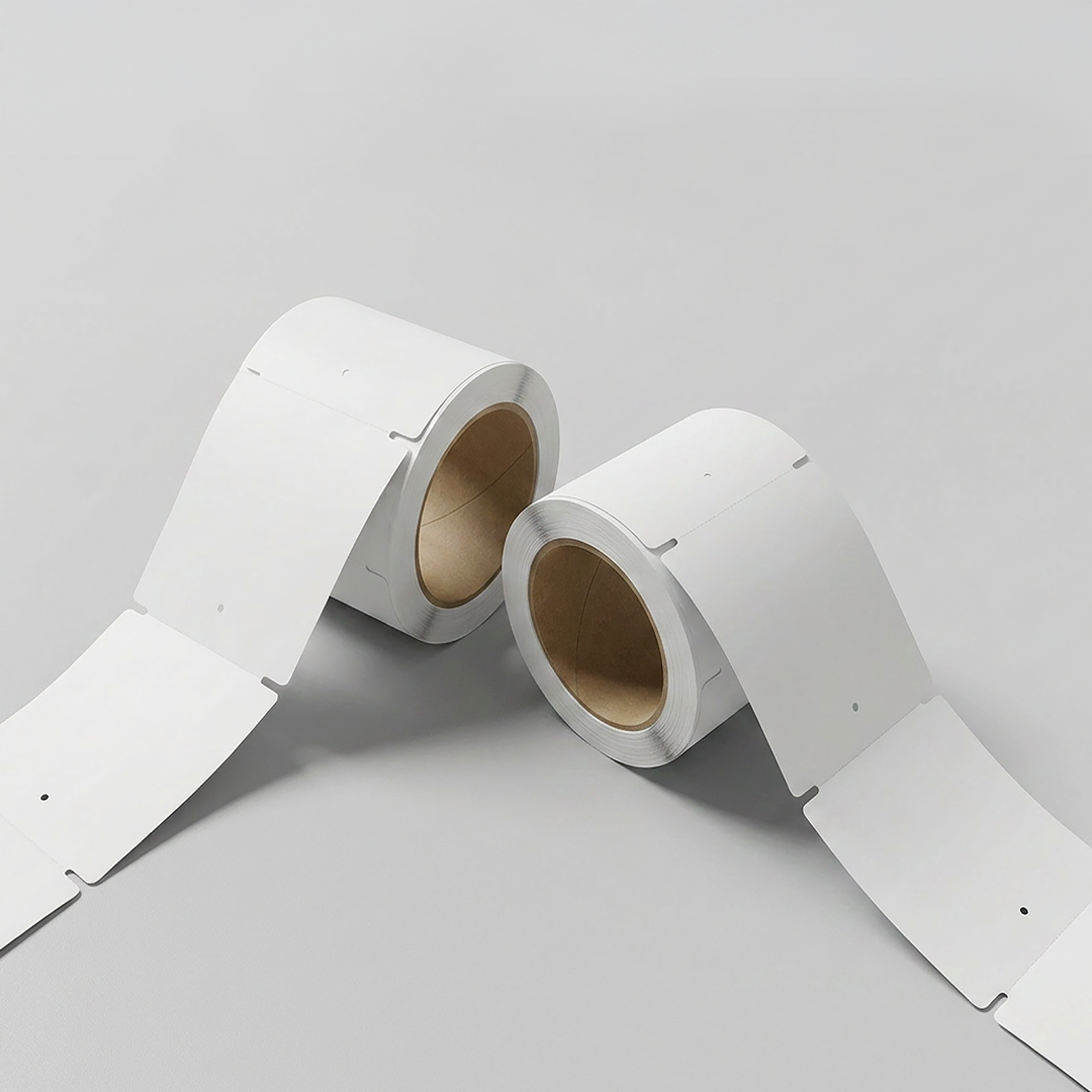 Two partially unrolled blank adhesive label rolls with perforated edges sit on a light gray surface, showing rectangular labels.