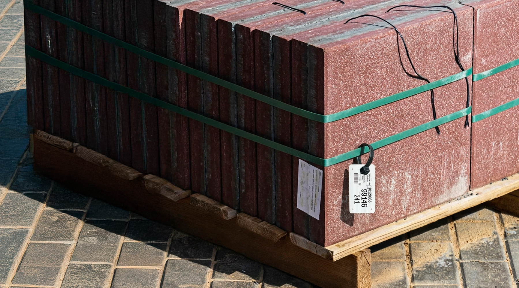 Red bricks stacked on a wooden pallet, secured with green bands on pavement; white ID tag attached to one strap.