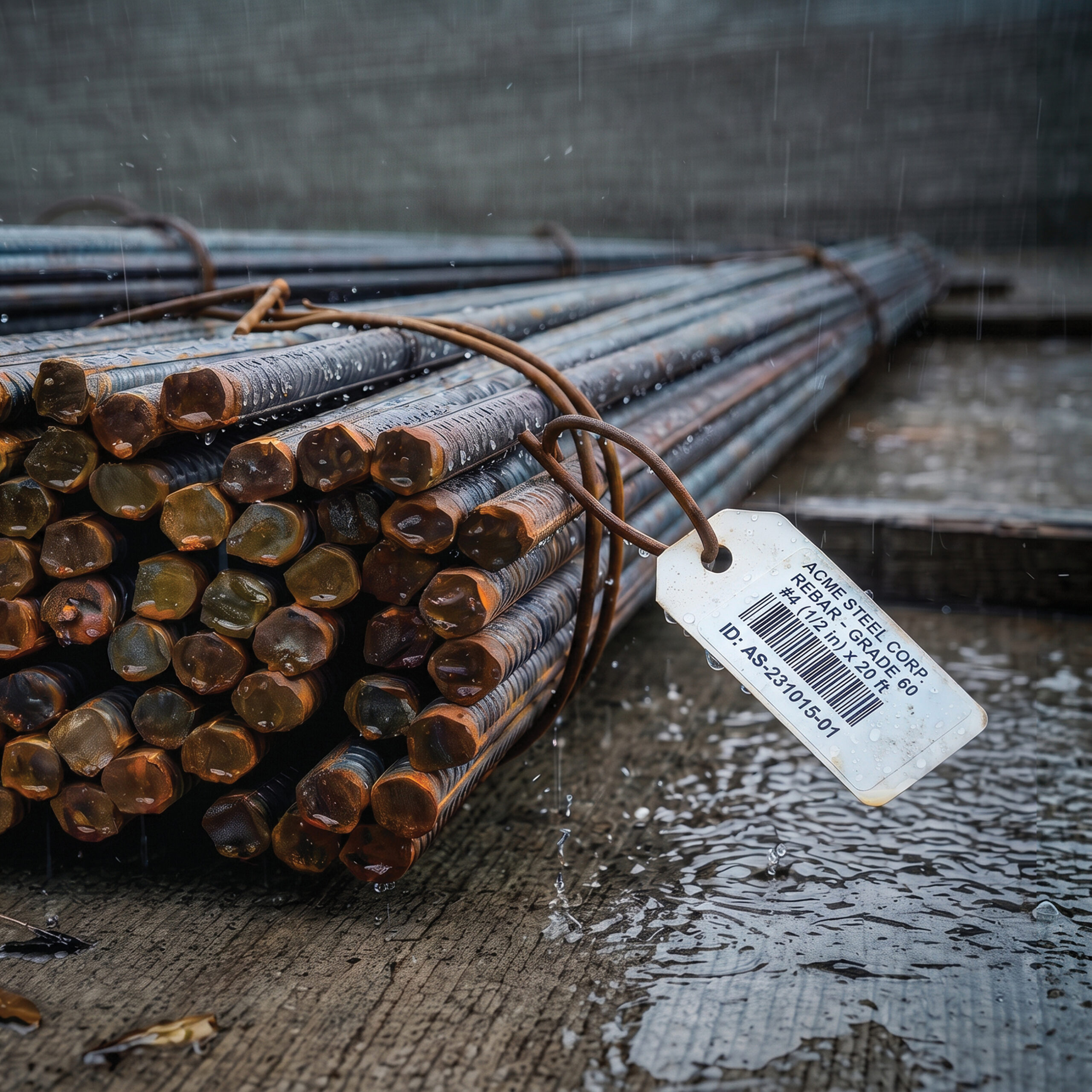 Steel rebars with rusted ends on wet concrete in rain, attached white info tag, visible water droplets and puddles around.