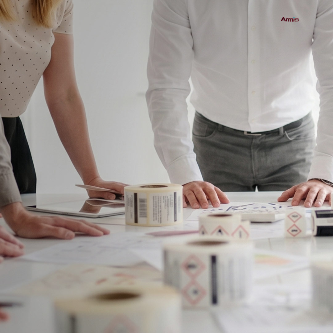 Three people review documents at a table with paperwork and hazard label rolls, showing only their torsos and hands.