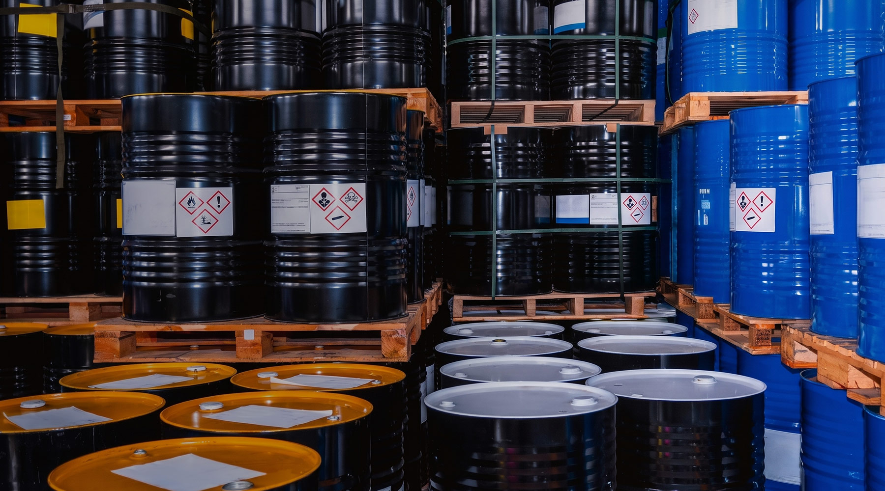 Black, blue, and yellow barrels with hazard labels stacked on pallets in a warehouse storing chemicals or hazardous materials.
