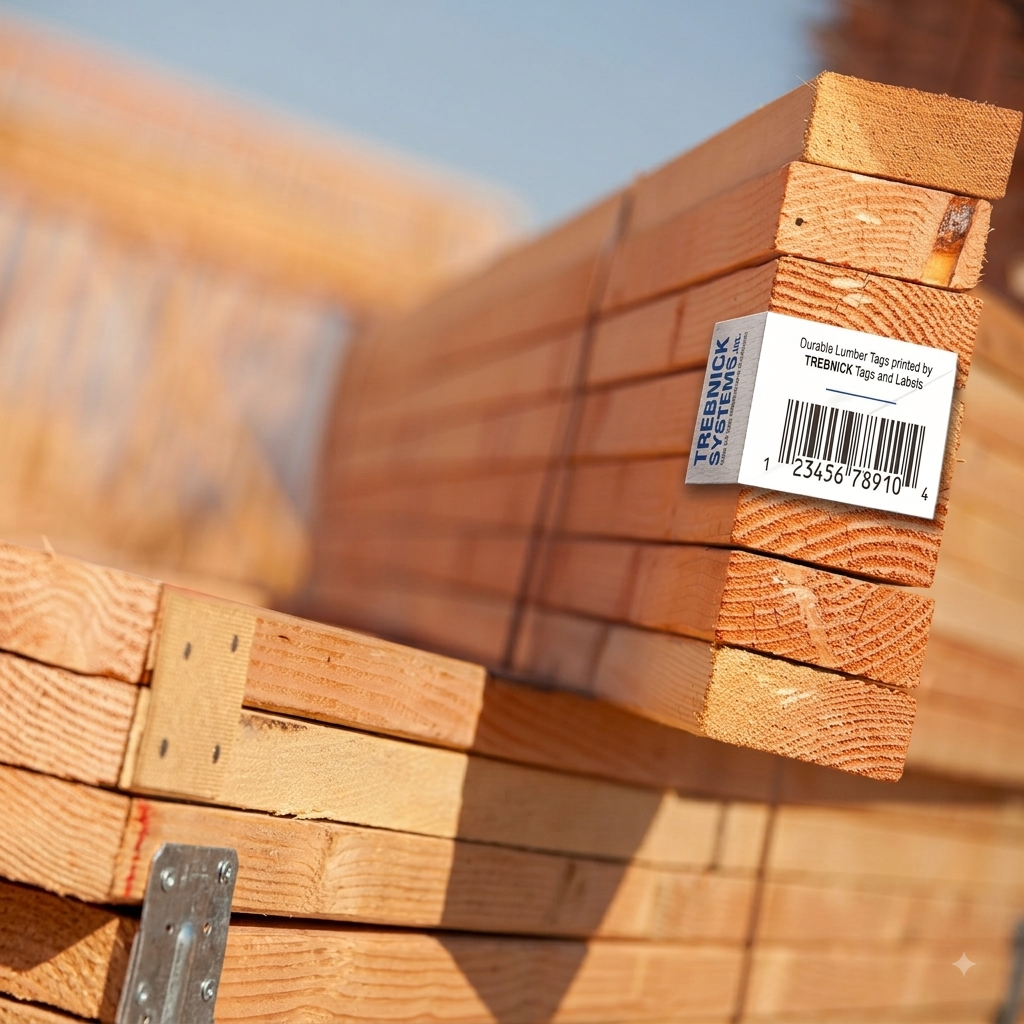 Wooden planks stacked with a barcode label at the end, located at a construction site with a blurred wooden frame behind.