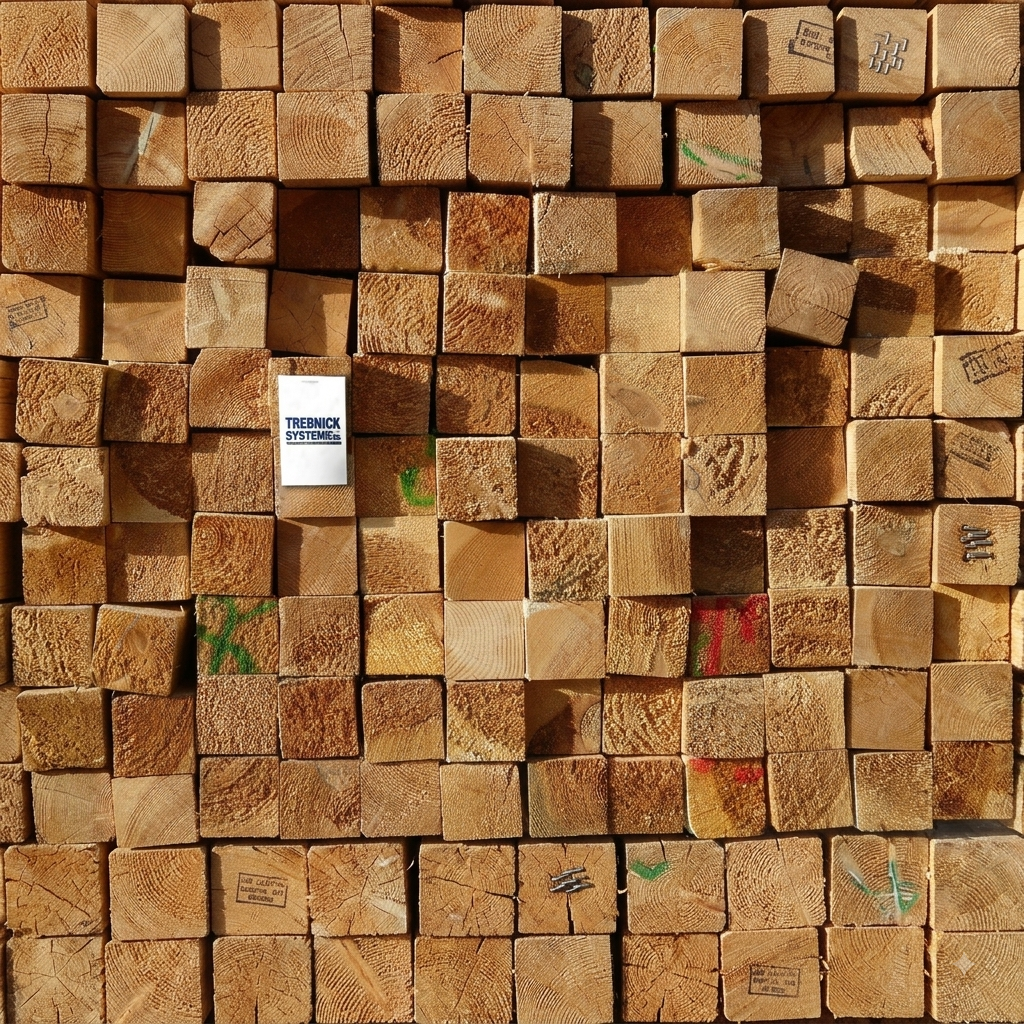 Stacked square wooden beams, one with a white TRENDYX SYSTEMS label; some display colored markings and stamps.