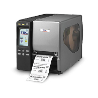 Barcode label printer with touchscreen display prints labels; gray body, black accents, clear side panel reveals label roll inside.