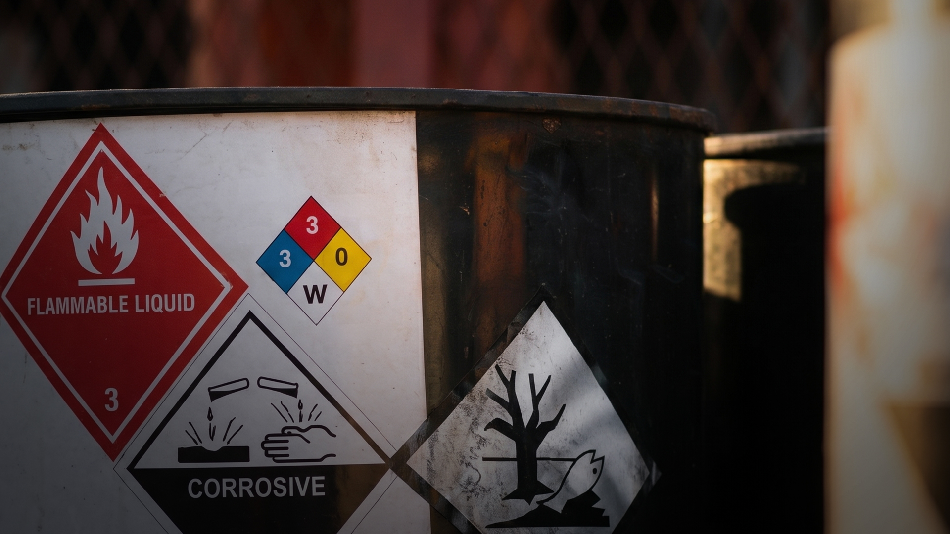 Metal barrel displaying flammable, corrosive, and environmental hazard labels plus a diamond hazard sign with numbers and a W; blurred background.