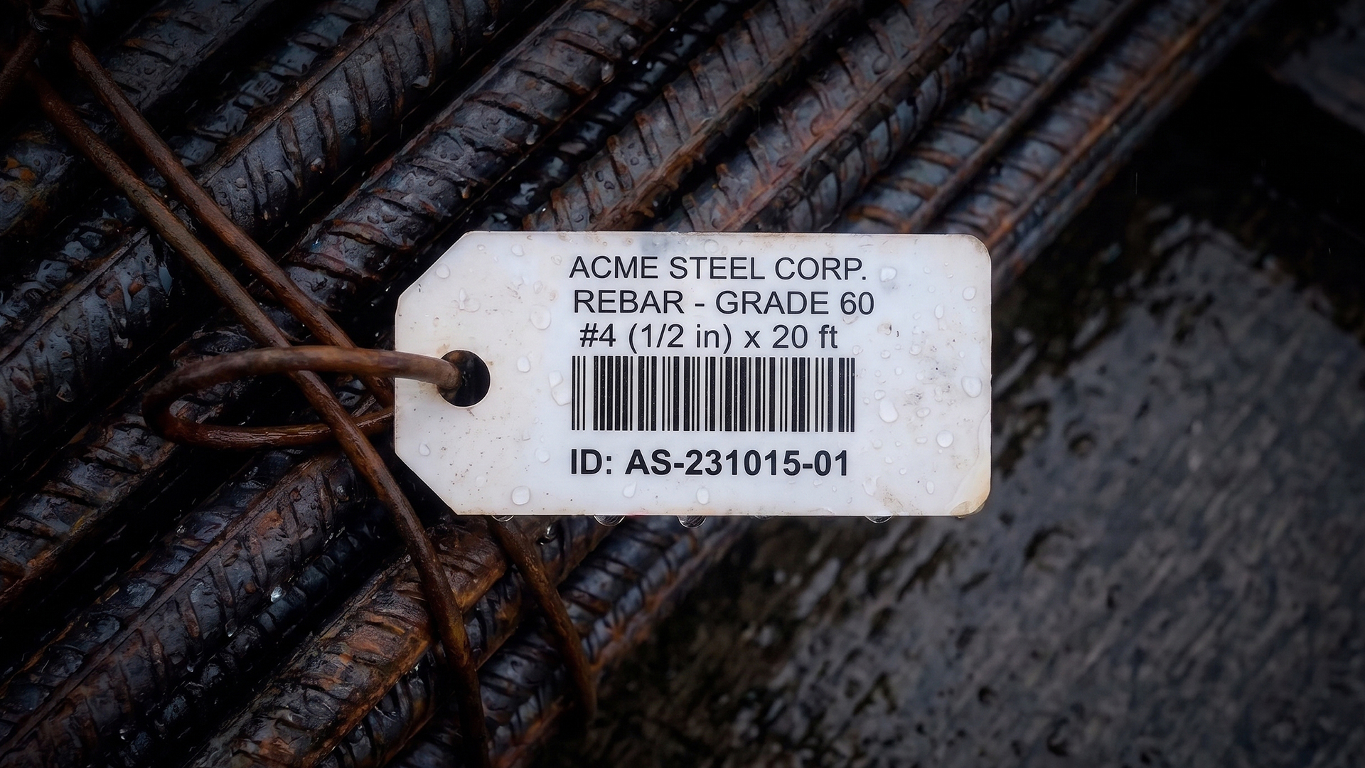 Close-up of ACME STEEL CORP white tag on steel rebar, showing rebar grade, size, length, barcode, ID number, and water droplets.