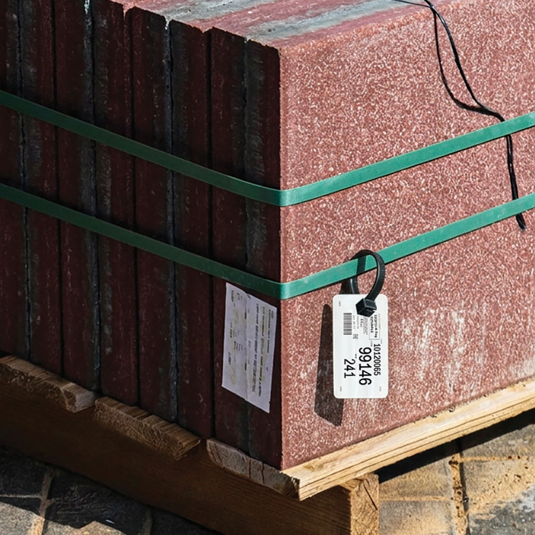 Red-tinted concrete paving slabs stacked on a wooden pallet, held by green straps with a white product tag, in sunlight.