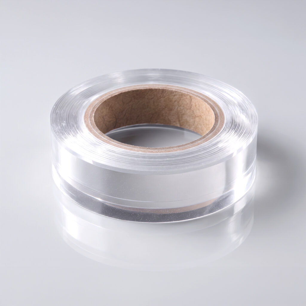 Clear adhesive tape roll with a cardboard core resting on a smooth light gray surface.
