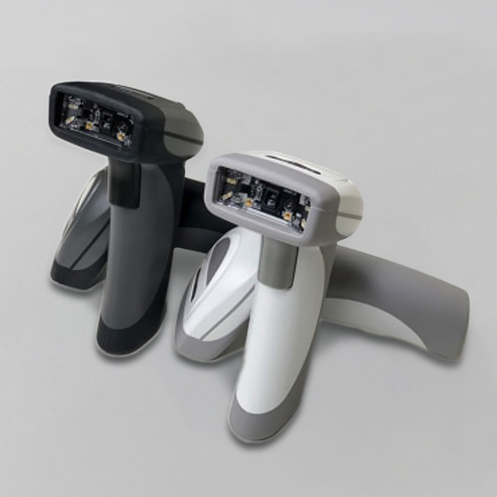 Black and white handheld barcode scanners side by side on a light gray surface, both facing forward with visible scanning windows.