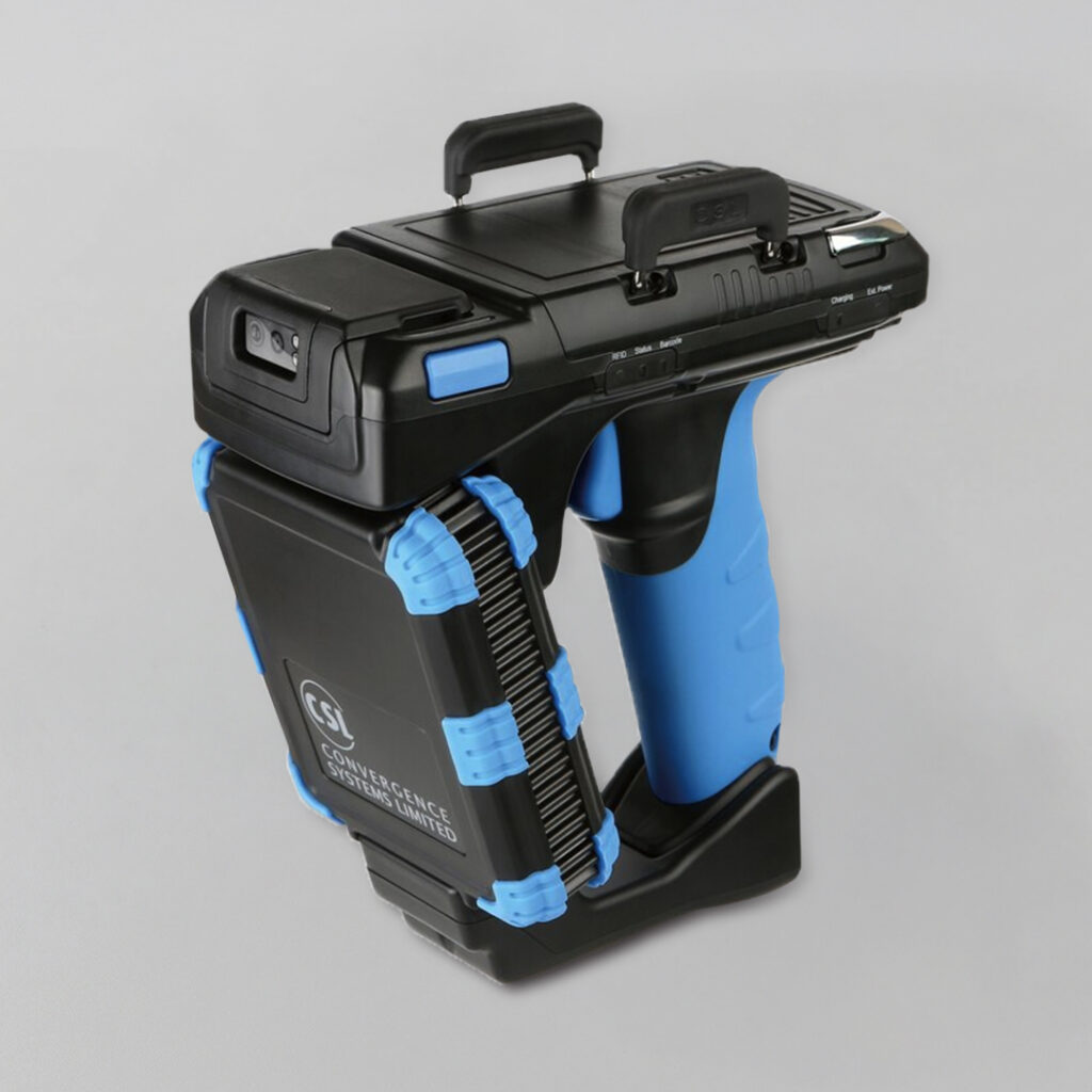 Handheld scanner with blue grip, black body, multiple buttons and ports, labeled CSL Convergence Scan Limited for data capture.