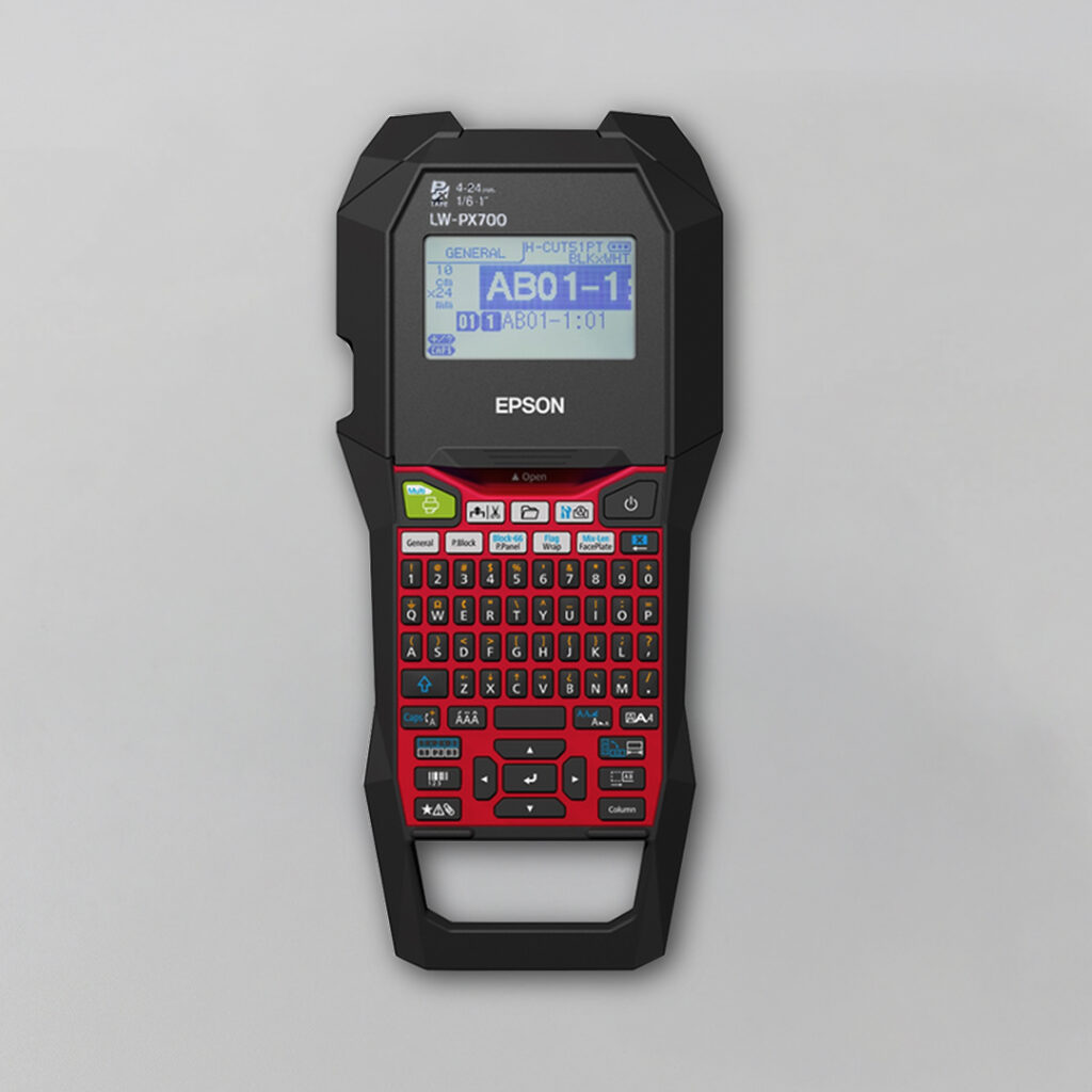 Black and red Epson handheld label maker with screen showing AB01-1 and full QWERTY keyboard on a plain light gray background.