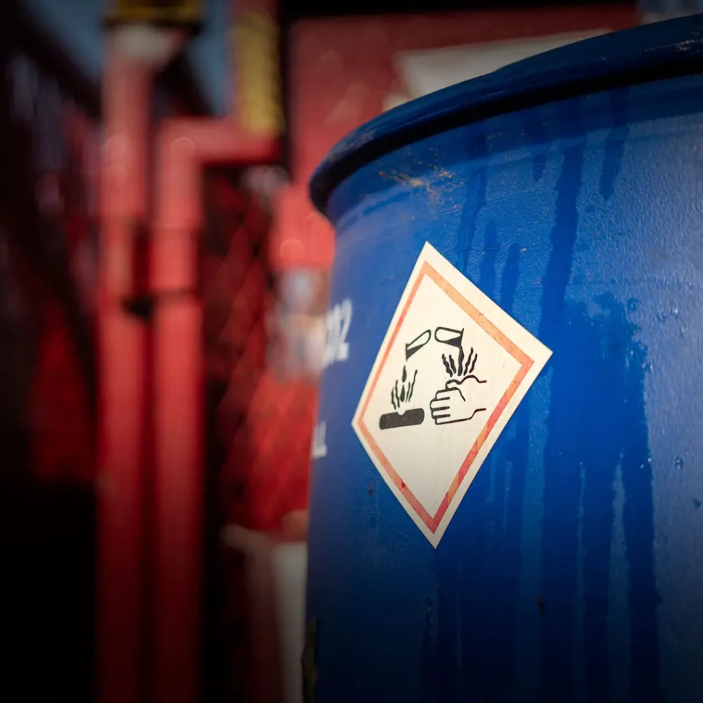 Blue barrel with a corrosive material warning label; liquid corrodes a hand and surface. Blurred red pipes and fencing behind.