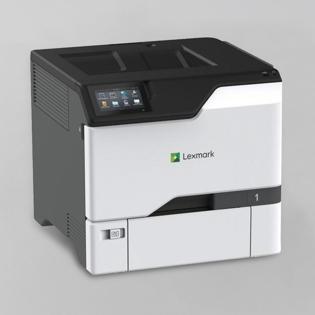 Lexmark laser printer featuring a touchscreen display, white body, and black top on a light gray background.
