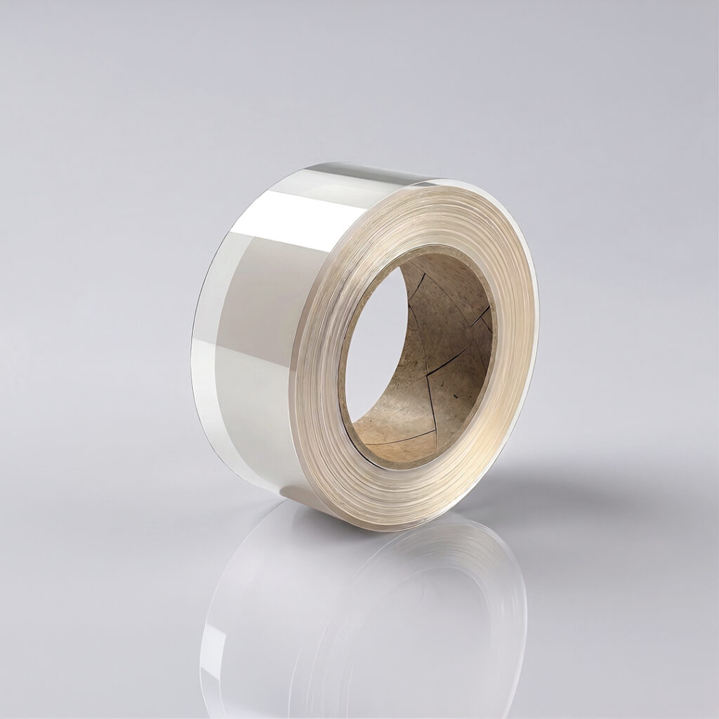 Clear adhesive tape roll with cardboard core stands upright on a glossy surface against a soft light gray background.