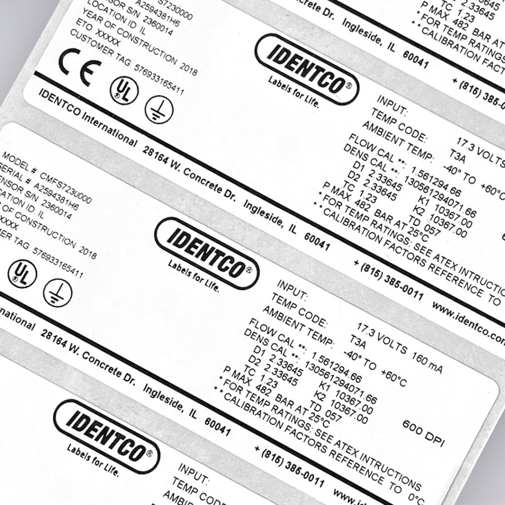 IDENTCO product labels showing model numbers, input specs, temperature ranges, and calibration details in black on white background.