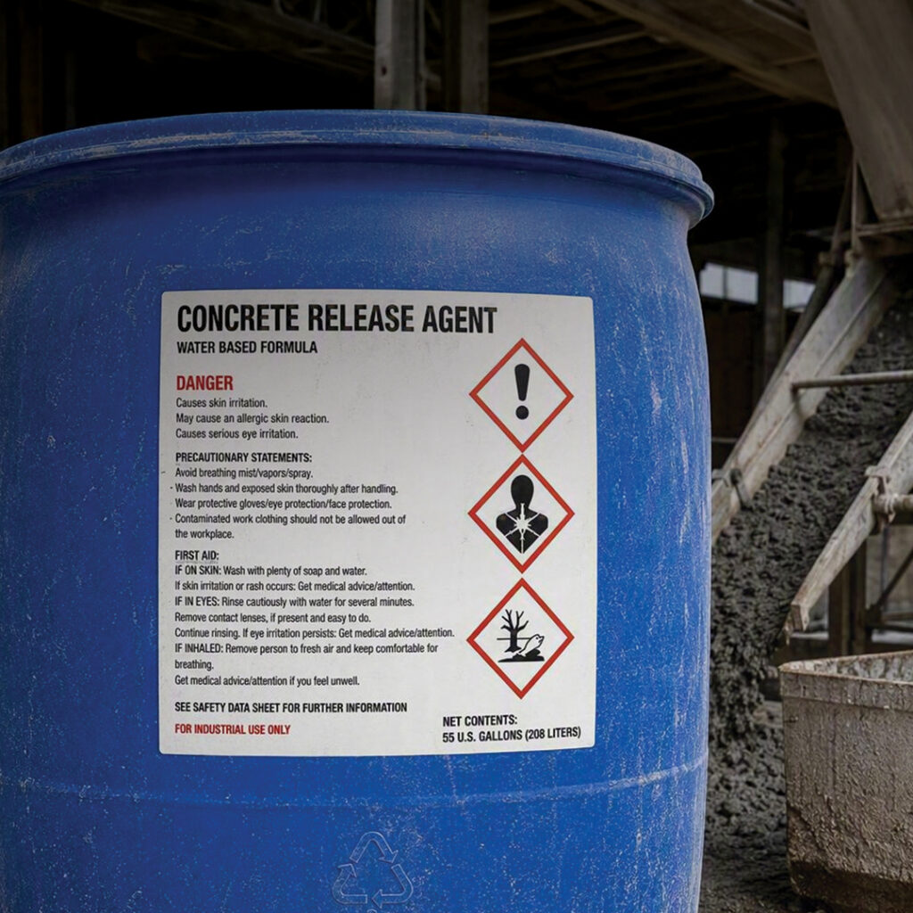 Large blue barrel labeled Concrete Release Agent with hazard symbols and safety warnings near concrete mixing equipment in an industrial area.