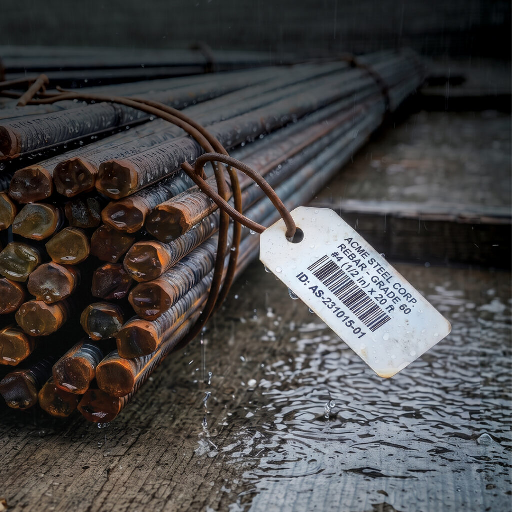 Rusted steel rods bundled on wet concrete with a white tag showing product details and ID number, raindrops visible nearby.