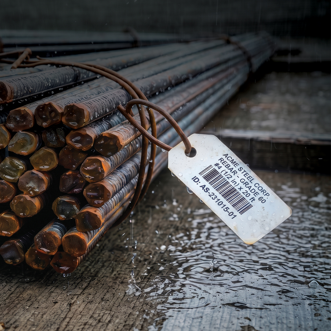 Rusted steel rods bundled on wet concrete with a white tag showing product details and ID number, raindrops visible nearby.