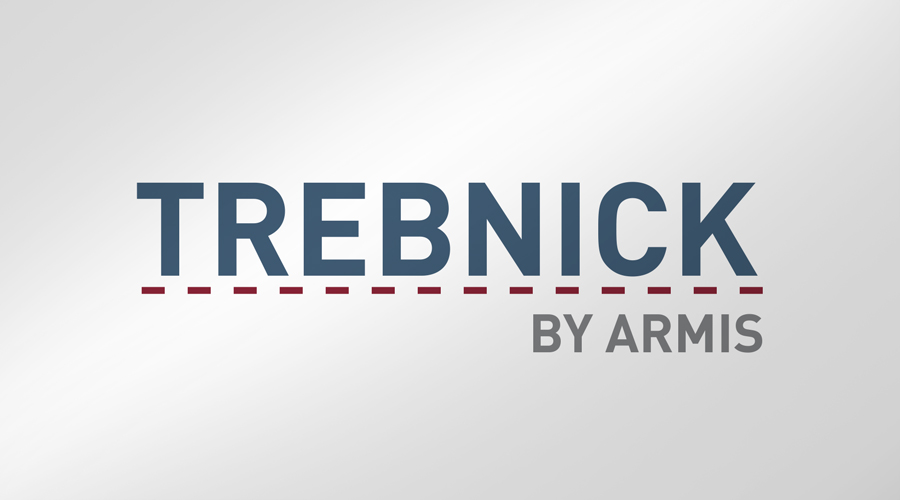 TREBNICK in bold blue letters above a dashed maroon line, BY ARMIS in small gray below, on a light gradient background.