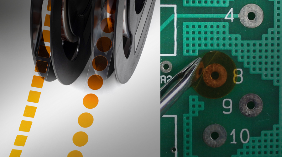 Adhesive film strips unwinding from reels beside a circuit board, tool placing round film on numbered section 8.