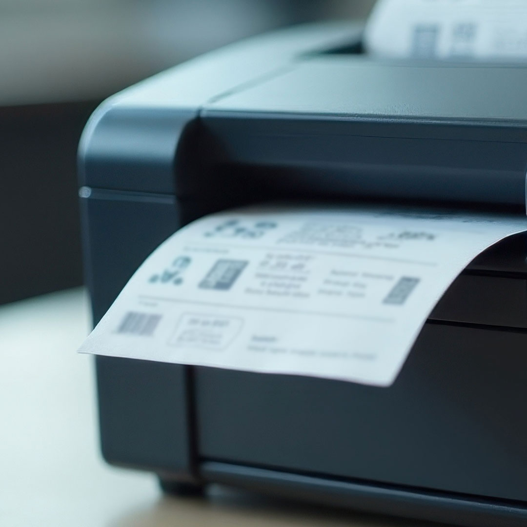 A printer is printing out shipping labels with barcodes and text on a sheet of paper. The focus is on the partially printed labels coming out of the printer.