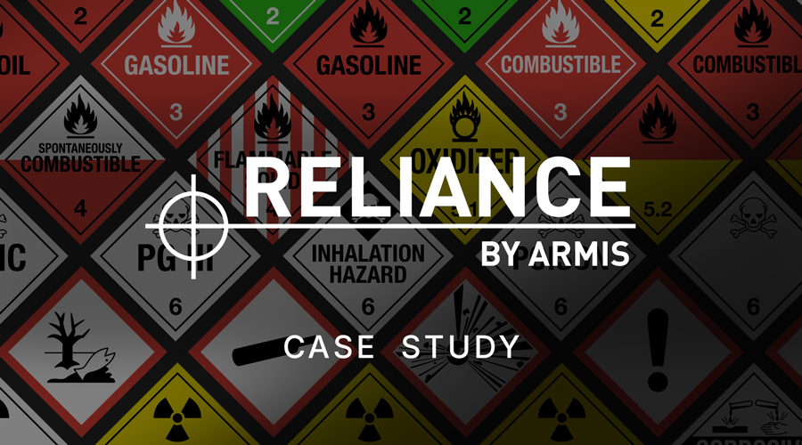 Hazardous material warning signs grid background with Reliance by Armis Case Study text and a target icon left of Reliance.