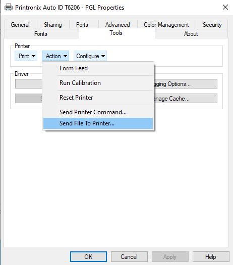 Printronix T6206 printer properties, Fonts tab open, Action menu with Form Feed, Run Calibration, Reset Printer, Send Command options.