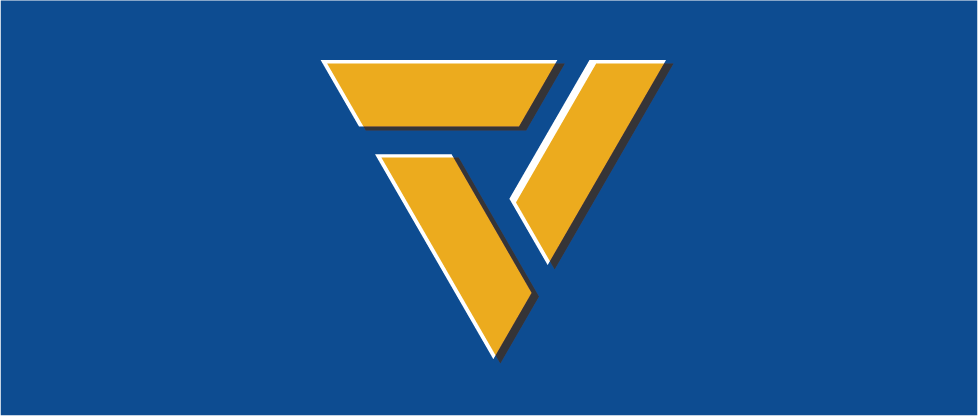 Stylized gold and white geometric V logo with three angular segments centered on a solid blue background forming a triangle motif.