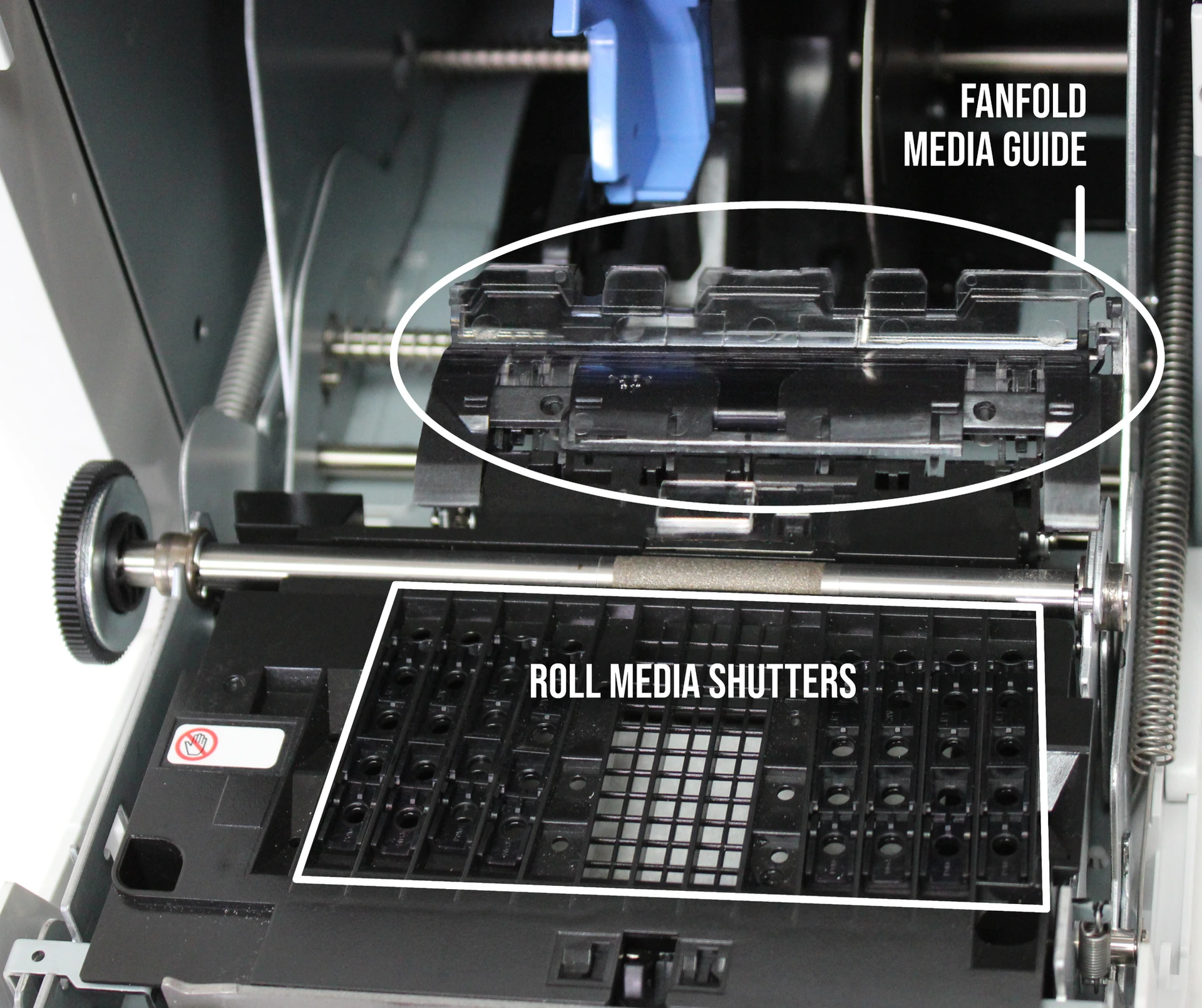 Printer interior close-up with labeled Fanfold Media Guide at top and Roll Media Shutters at bottom, both clearly outlined.