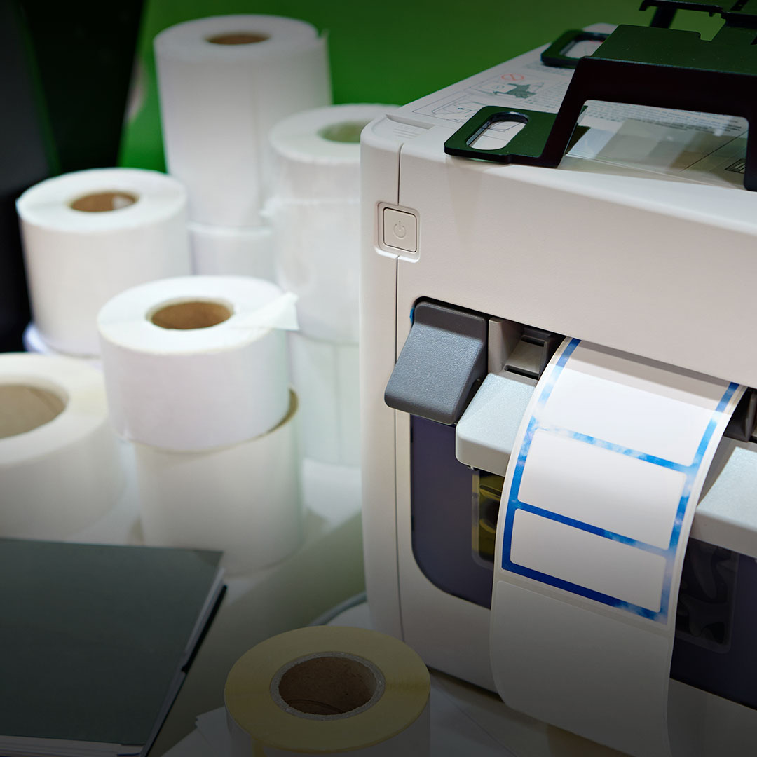 Label printer on table printing blank labels, with multiple rolls of label paper placed beside and behind the printer.