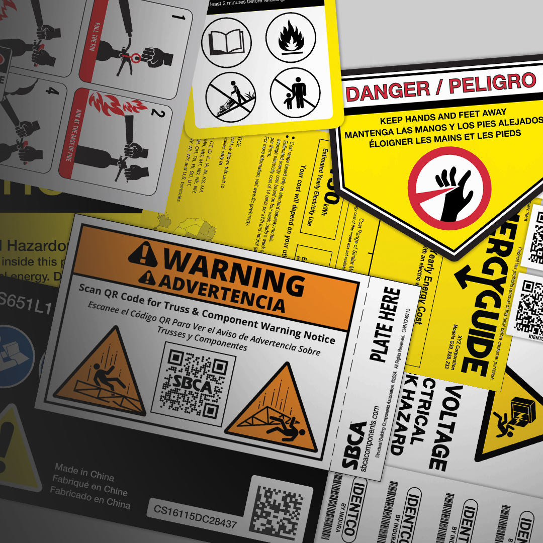 Collage of safety and warning labels in English and Spanish with bold danger, electrical, and truss icons in black, yellow, red.