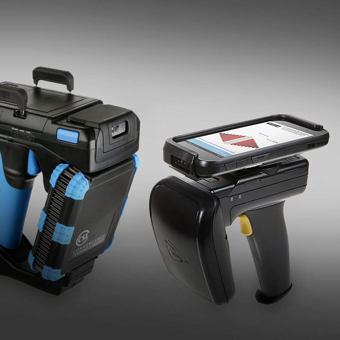 Two handheld barcode scanners with black and blue accents, ergonomic handles, and one touchscreen displaying a chart for inventory use.