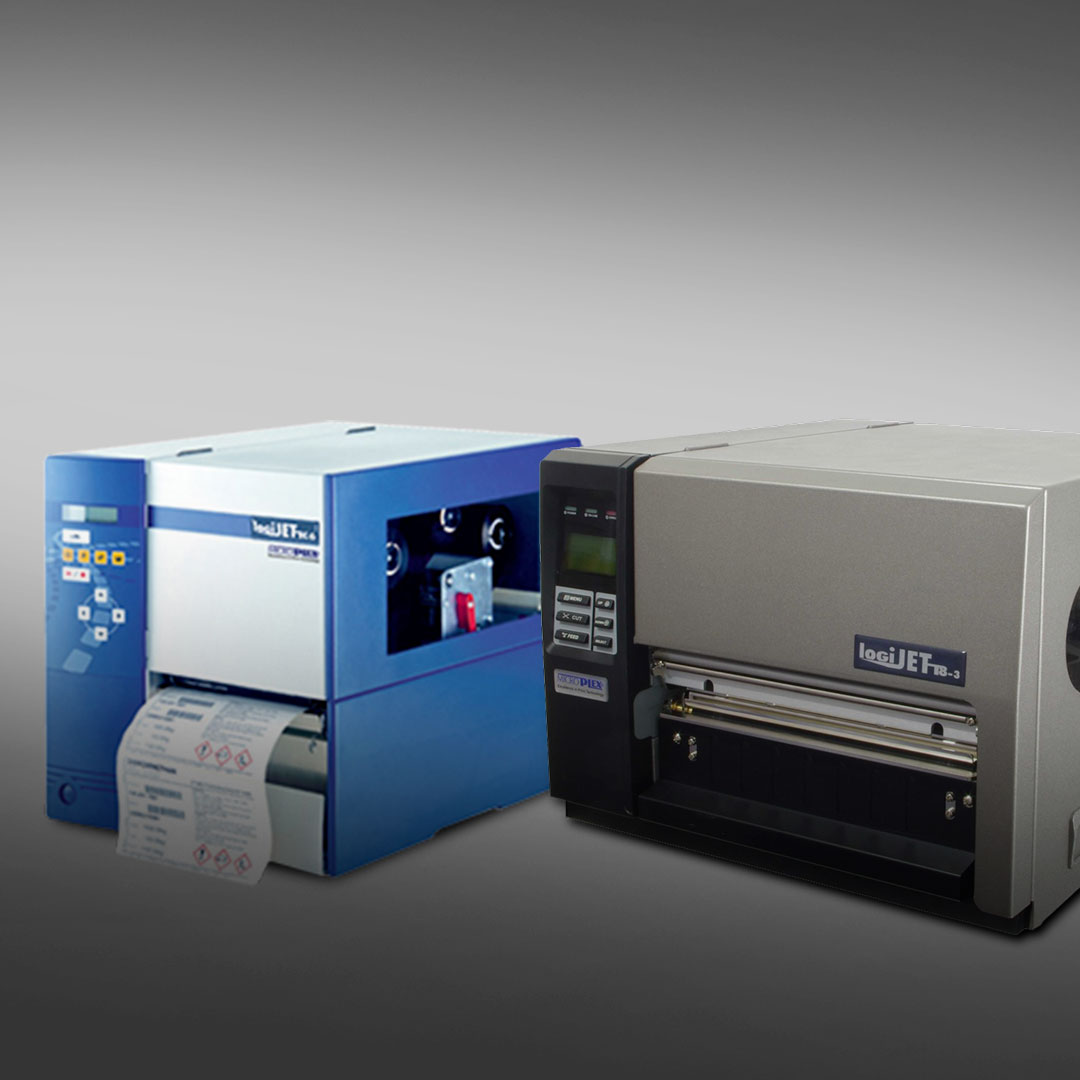 Blue and white industrial label printer with printed labels beside a gray and black model on a gray gradient background.