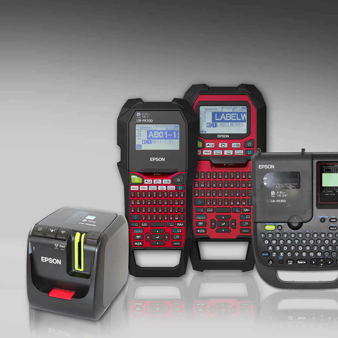 Four Epson label printers, including two handheld with red accents, a compact desktop model, and a wider unit on a gray background.
